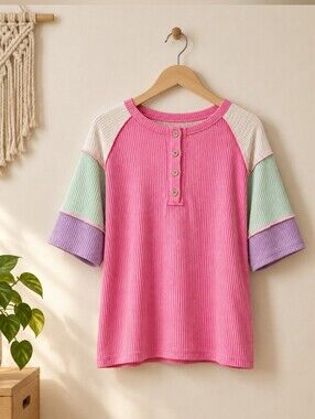 Ribbed Pink Colorblock Henley Top - Unbranded